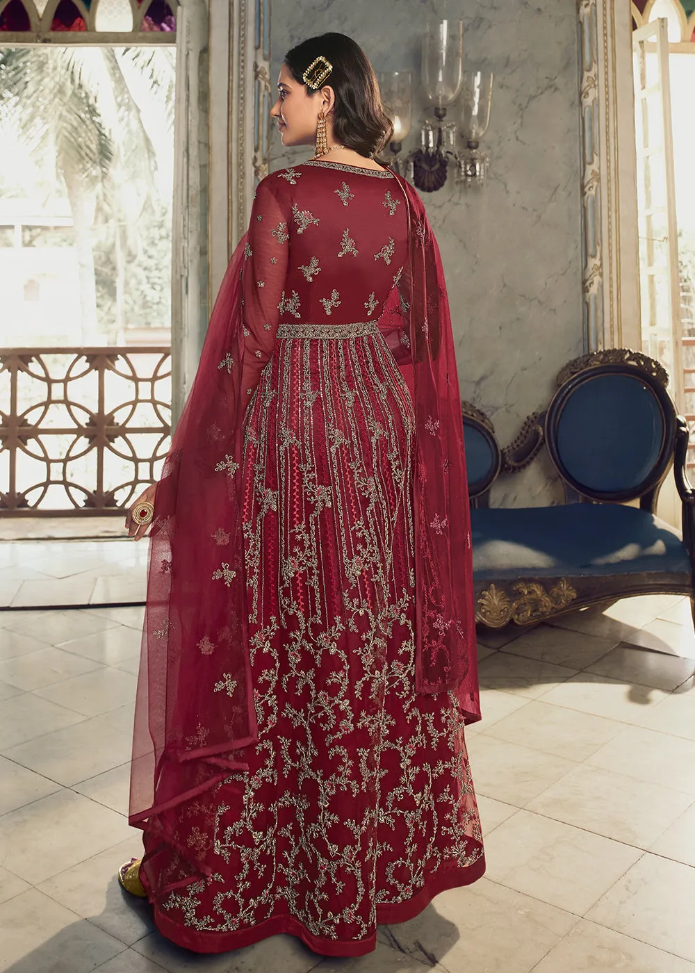 Festive Maroon Wedding Party Net Designer Anarkali Suit