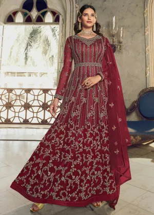 Festive Maroon Wedding Party Net Designer Anarkali Suit