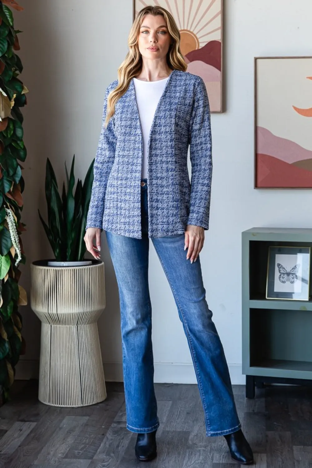 Full Size Houndstooth Tweed Open Front Blazer