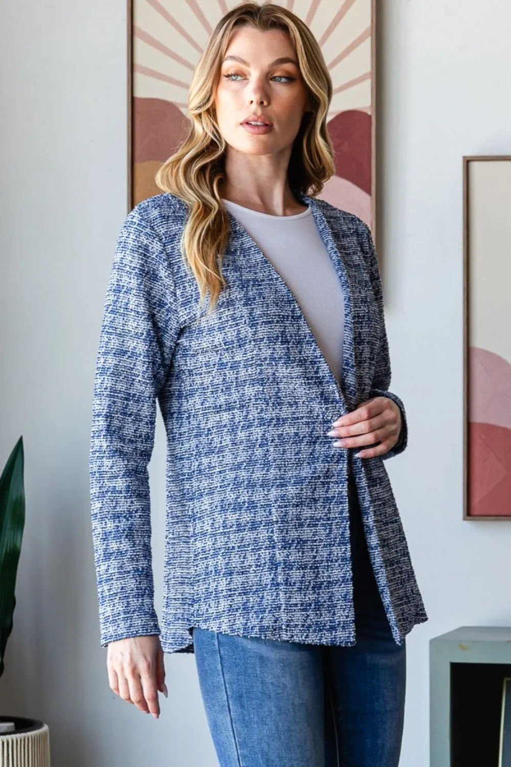 Full Size Houndstooth Tweed Open Front Blazer