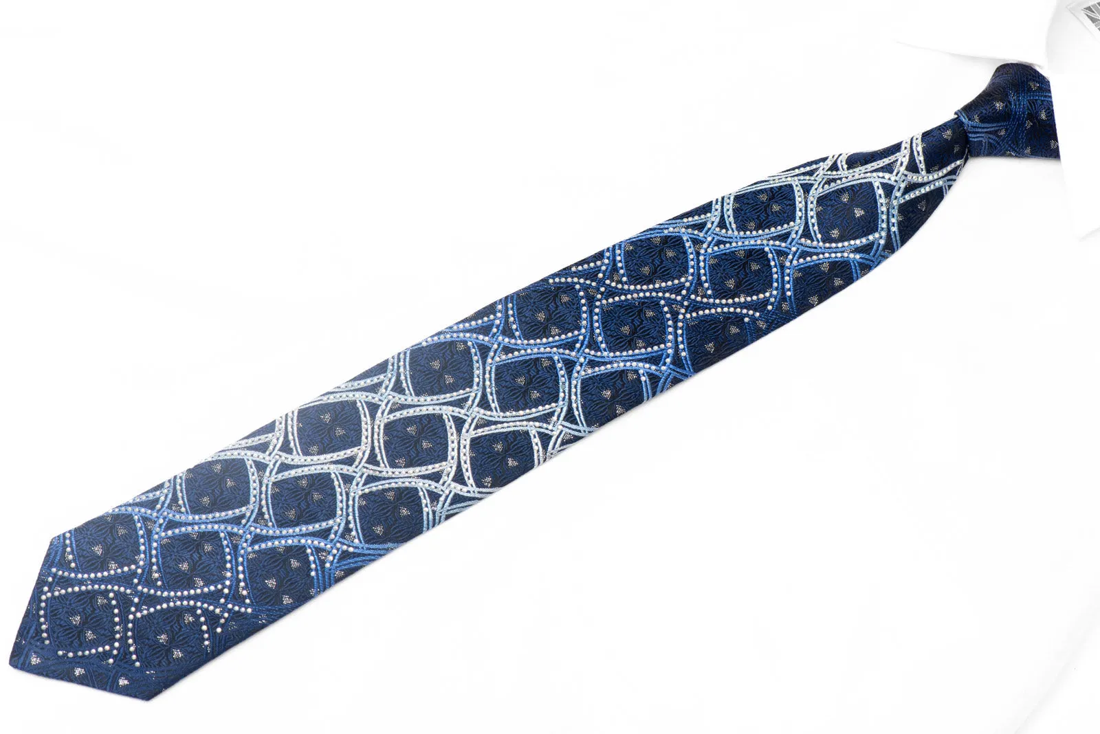 Geometric On Navy Rhinestone Silk Tie With Silver Sparkles