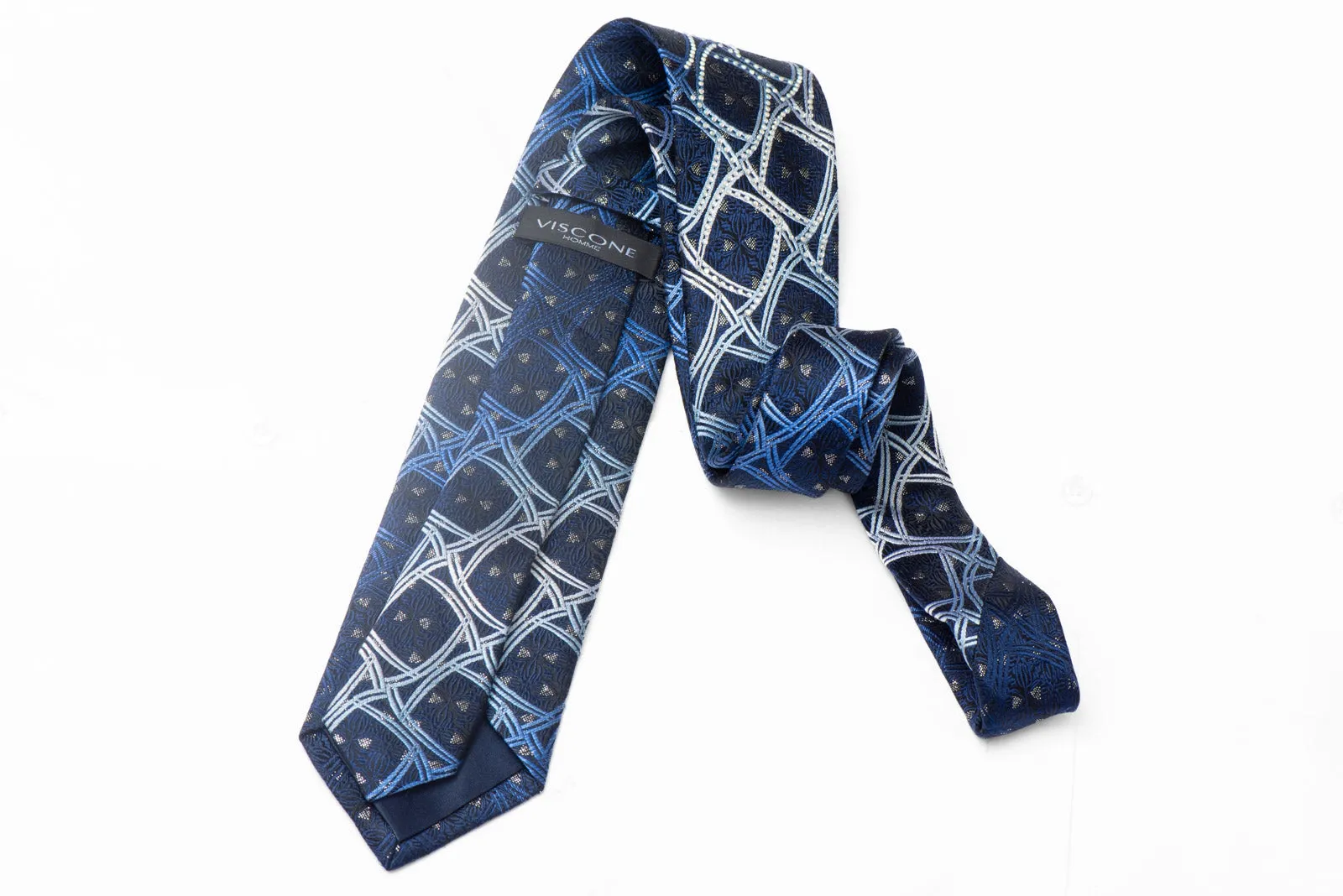 Geometric On Navy Rhinestone Silk Tie With Silver Sparkles