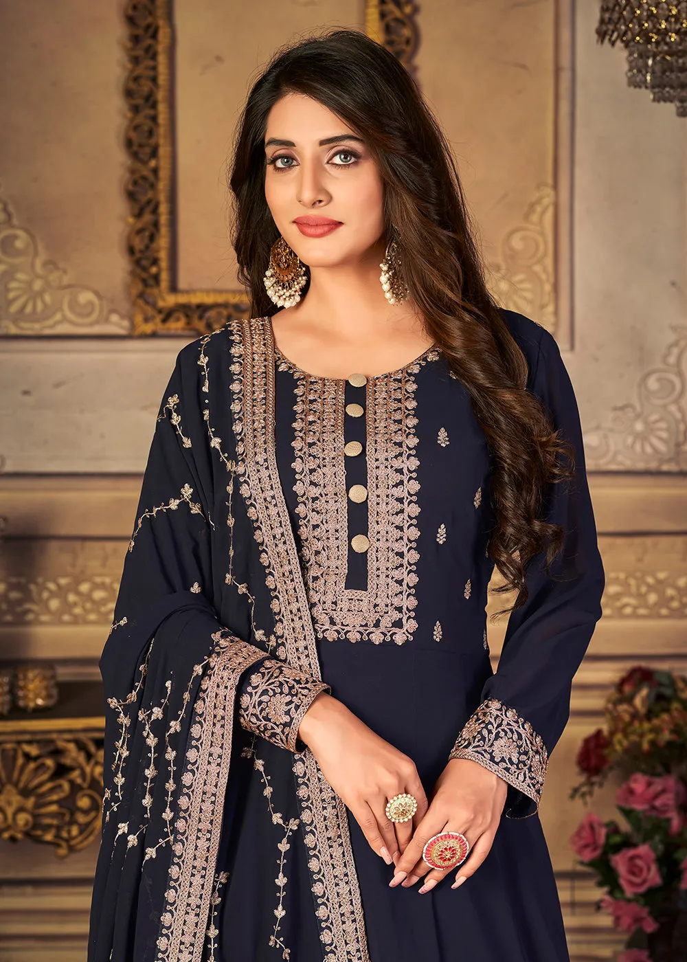 Georgette Navy Blue Embellished Wedding Fest Anarkali Suit