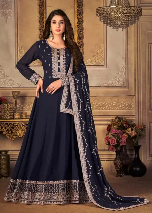 Georgette Navy Blue Embellished Wedding Fest Anarkali Suit