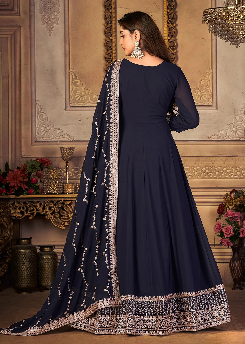 Georgette Navy Blue Embellished Wedding Fest Anarkali Suit