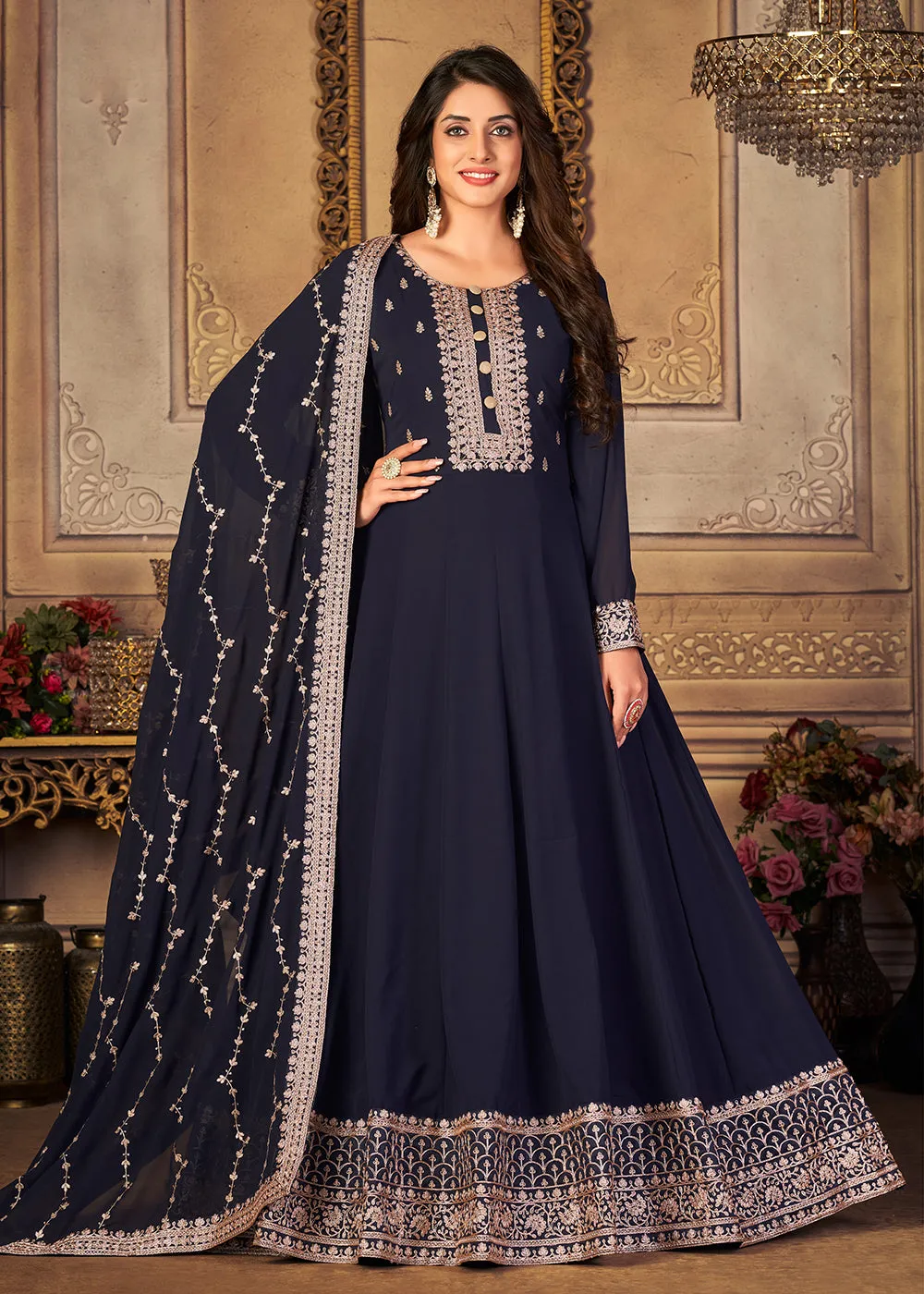 Georgette Navy Blue Embellished Wedding Fest Anarkali Suit