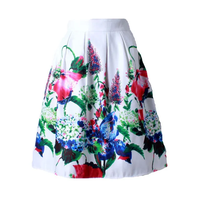 GOKIC 2017 Summer Women Vintage Retro Satin Floral Pleated Skirts Audrey Hepburn Style High Waist A-Line tutu Midi Skirt