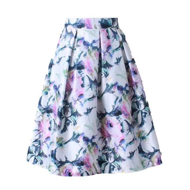 GOKIC 2017 Summer Women Vintage Retro Satin Floral Pleated Skirts Audrey Hepburn Style High Waist A-Line tutu Midi Skirt