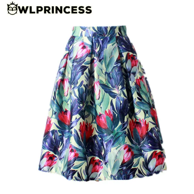 GOKIC 2017 Summer Women Vintage Retro Satin Floral Pleated Skirts Audrey Hepburn Style High Waist A-Line tutu Midi Skirt