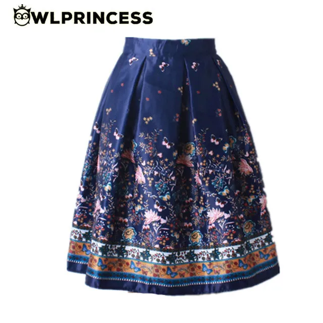 GOKIC 2017 Summer Women Vintage Retro Satin Floral Pleated Skirts Audrey Hepburn Style High Waist A-Line tutu Midi Skirt