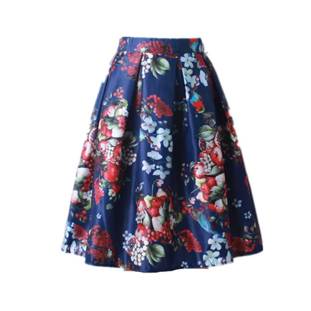 GOKIC 2017 Summer Women Vintage Retro Satin Floral Pleated Skirts Audrey Hepburn Style High Waist A-Line tutu Midi Skirt