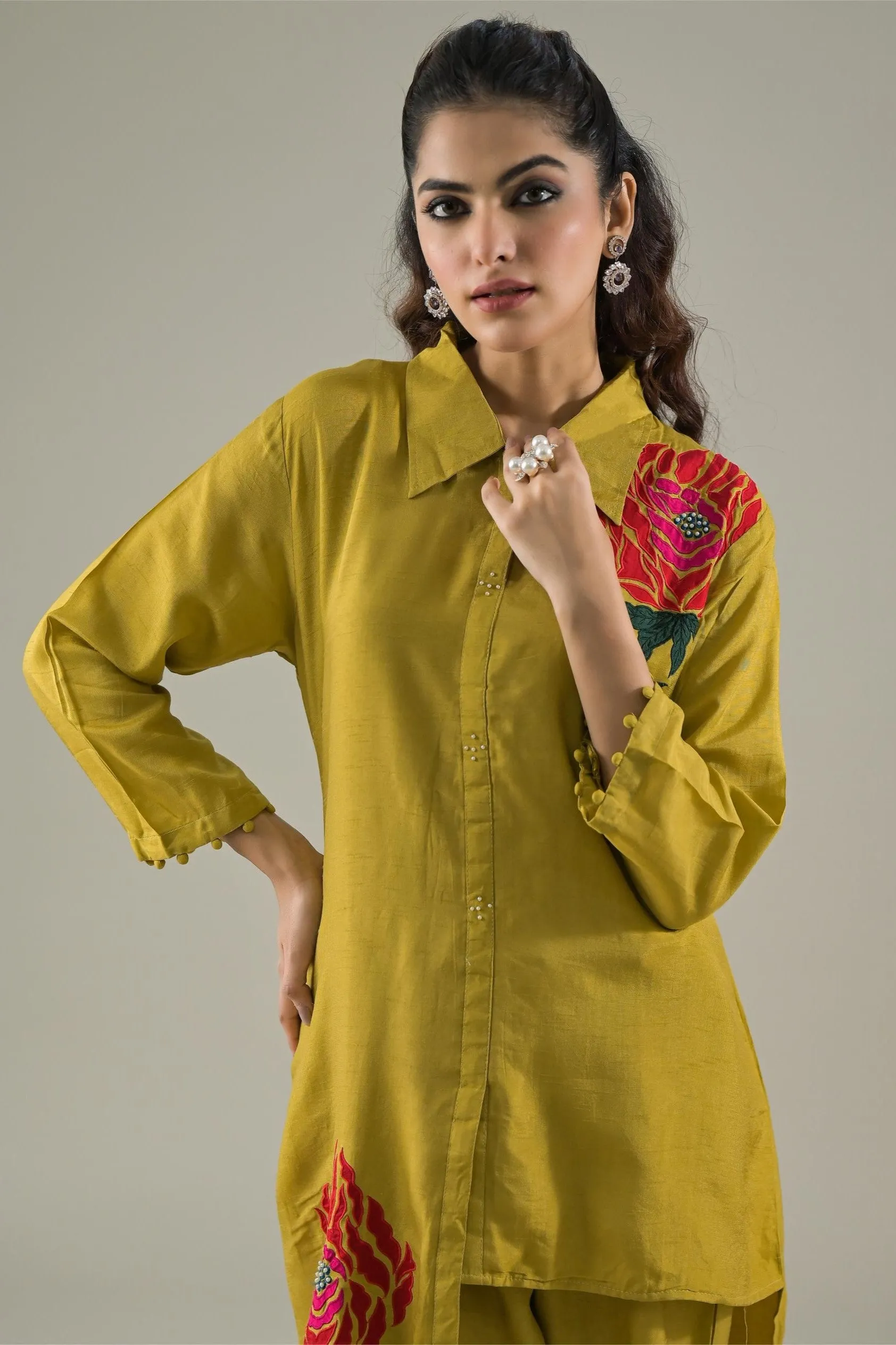 Golden Yellow Embroidered Raw Silk Co-Ord Set