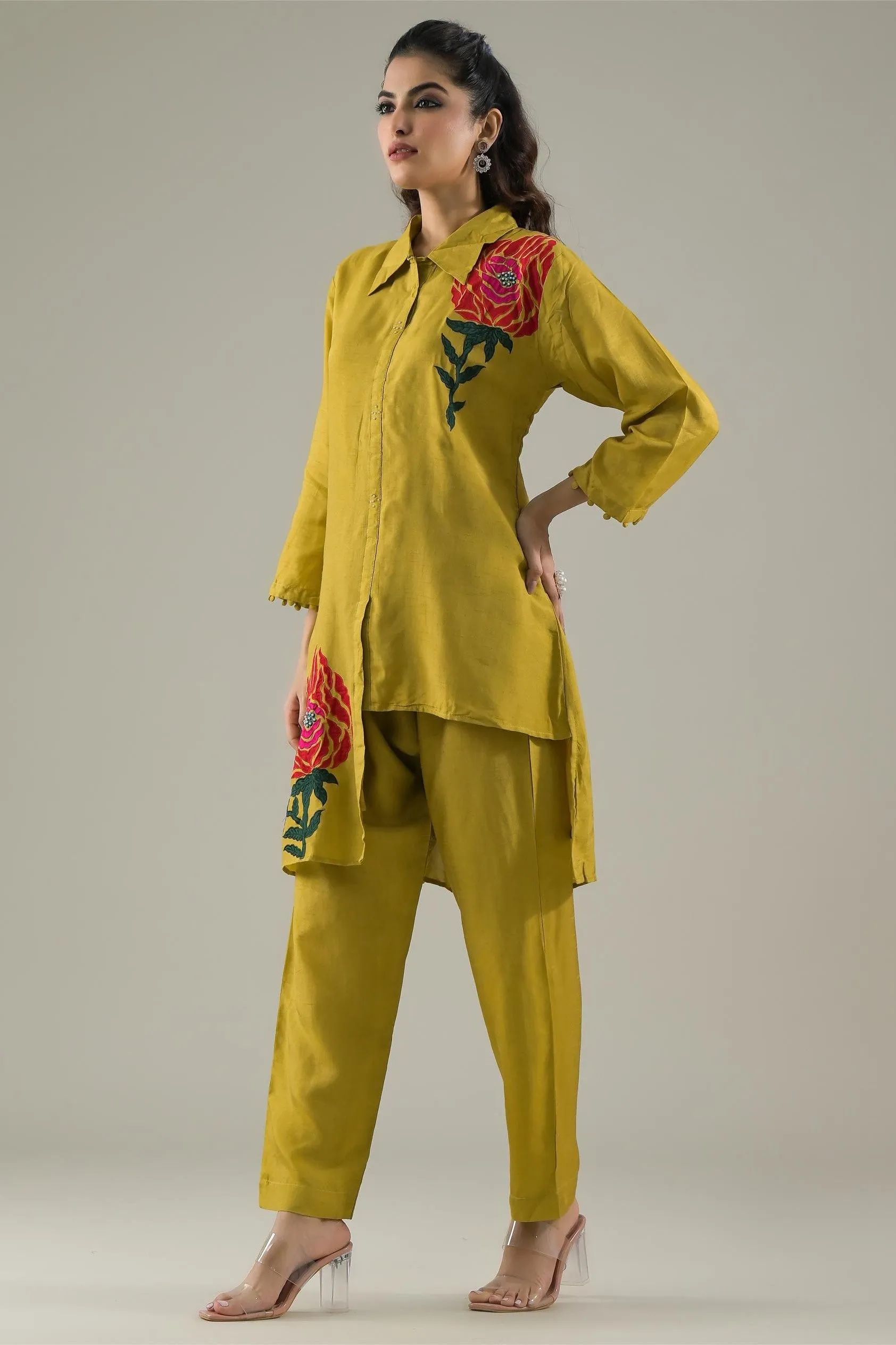 Golden Yellow Embroidered Raw Silk Co-Ord Set