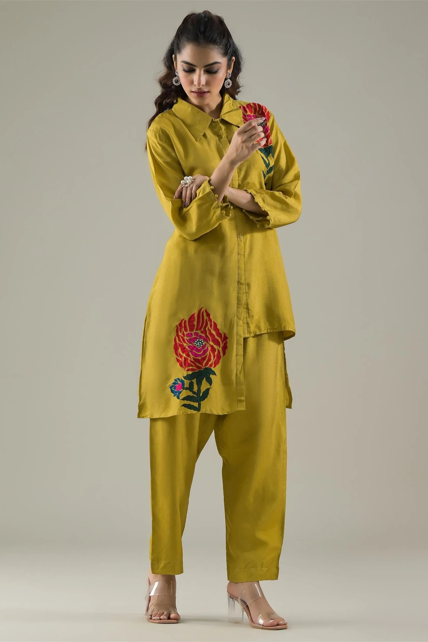 Golden Yellow Embroidered Raw Silk Co-Ord Set