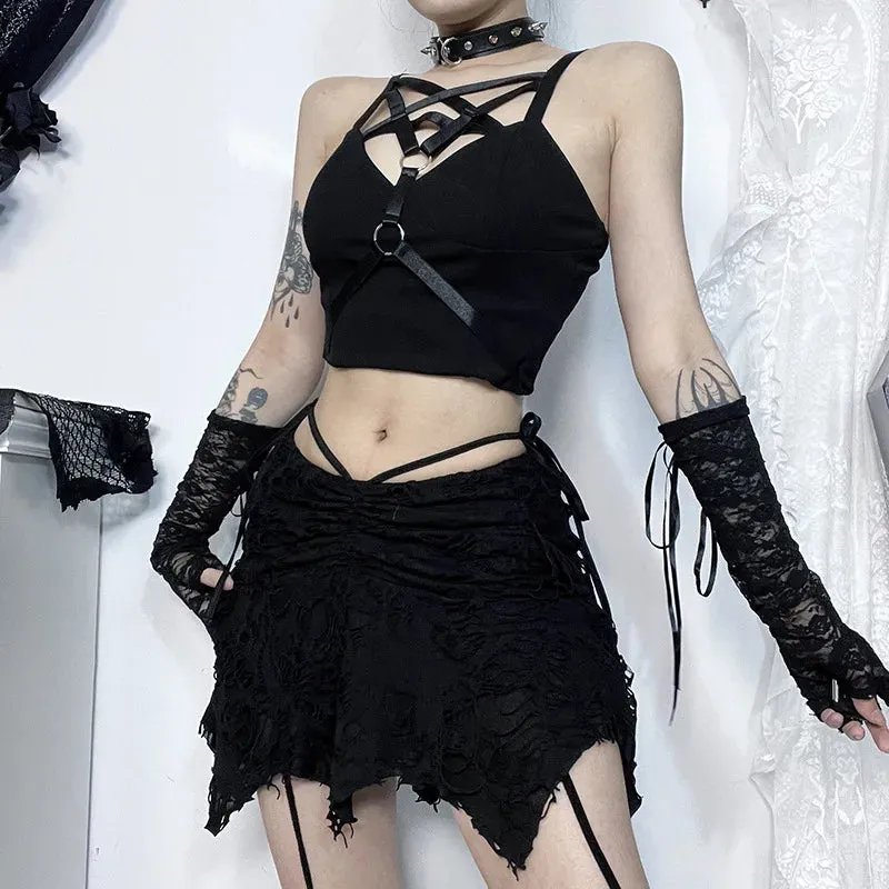 Gothic Black Holes Lace-Up Vintage Irregular Mini Skirt