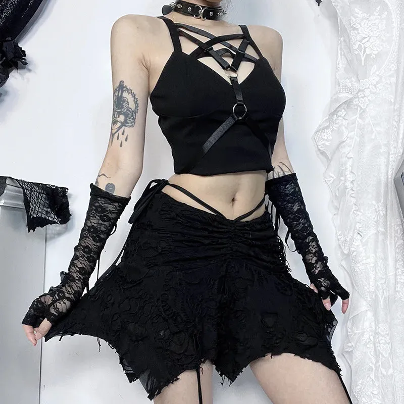 Gothic Black Holes Lace-Up Vintage Irregular Mini Skirt