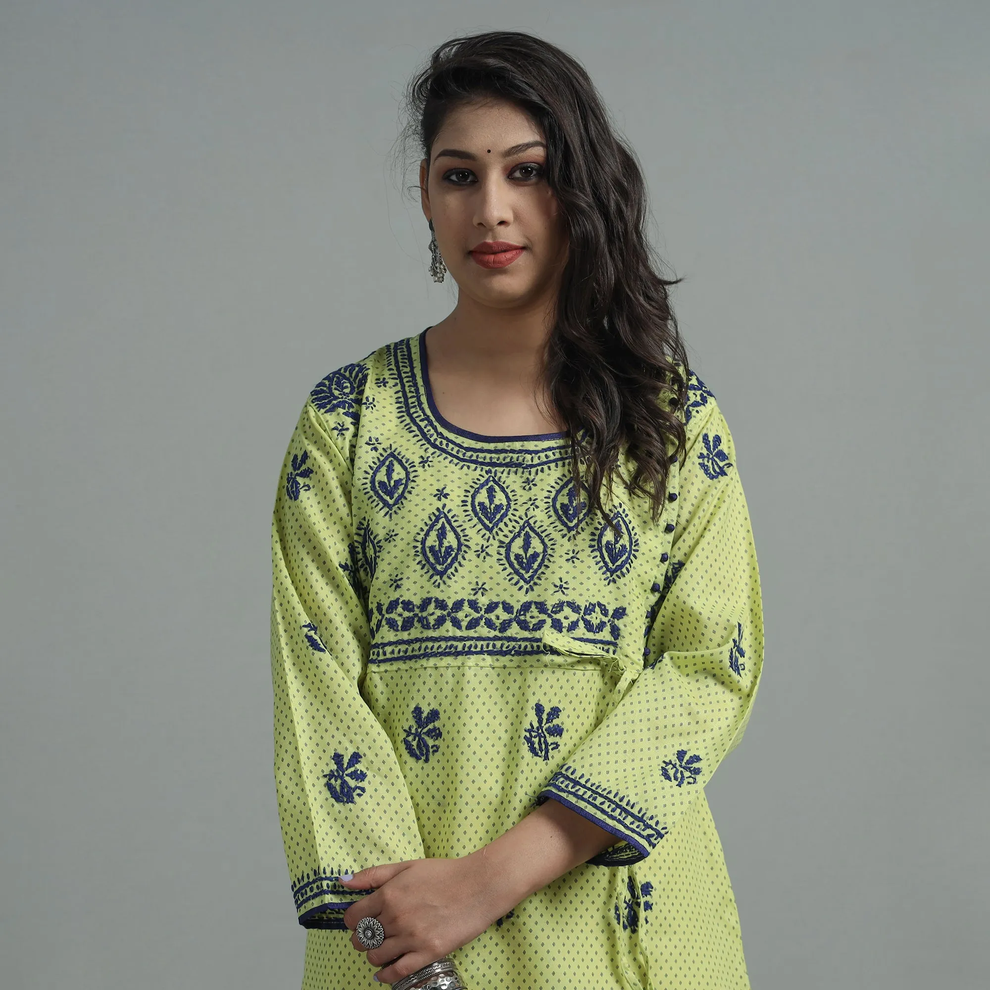 Green Chikankari Hand Embroidered Cotton Long Kurta