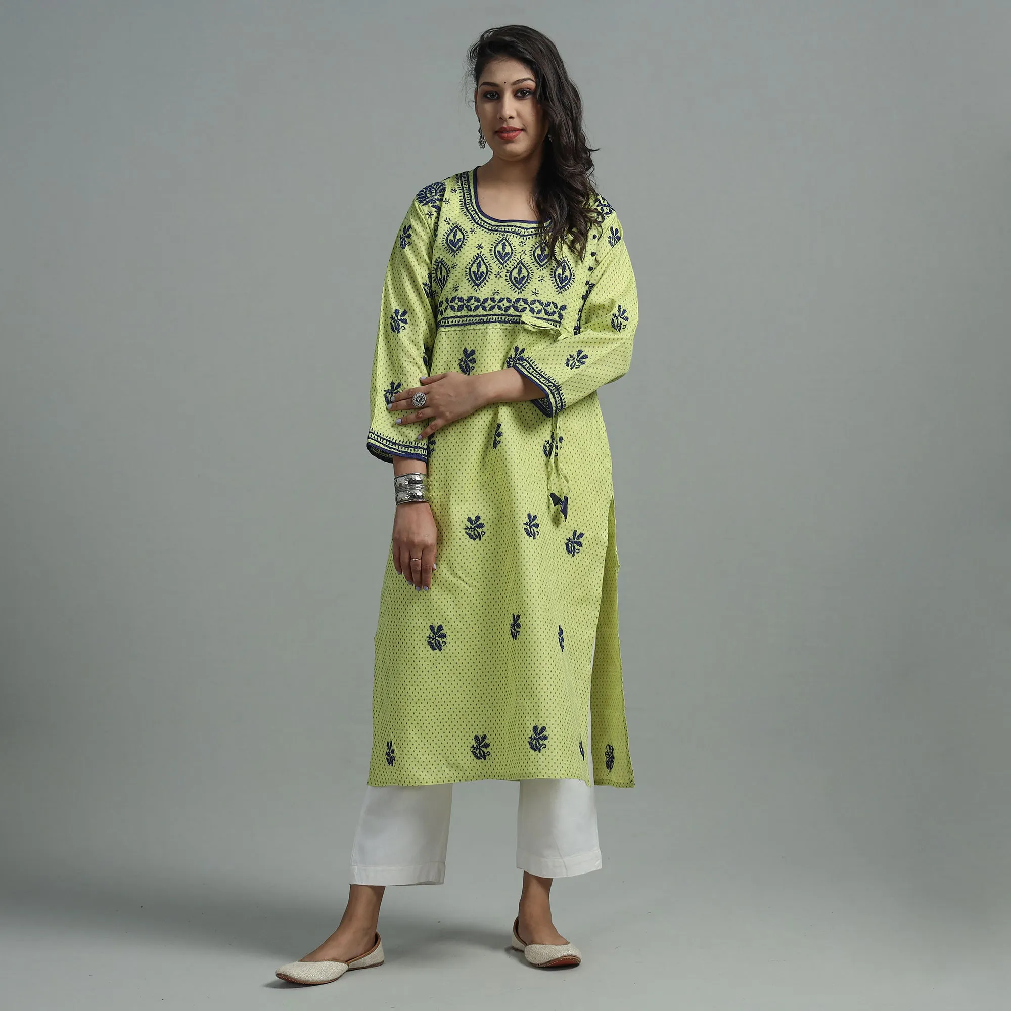 Green Chikankari Hand Embroidered Cotton Long Kurta