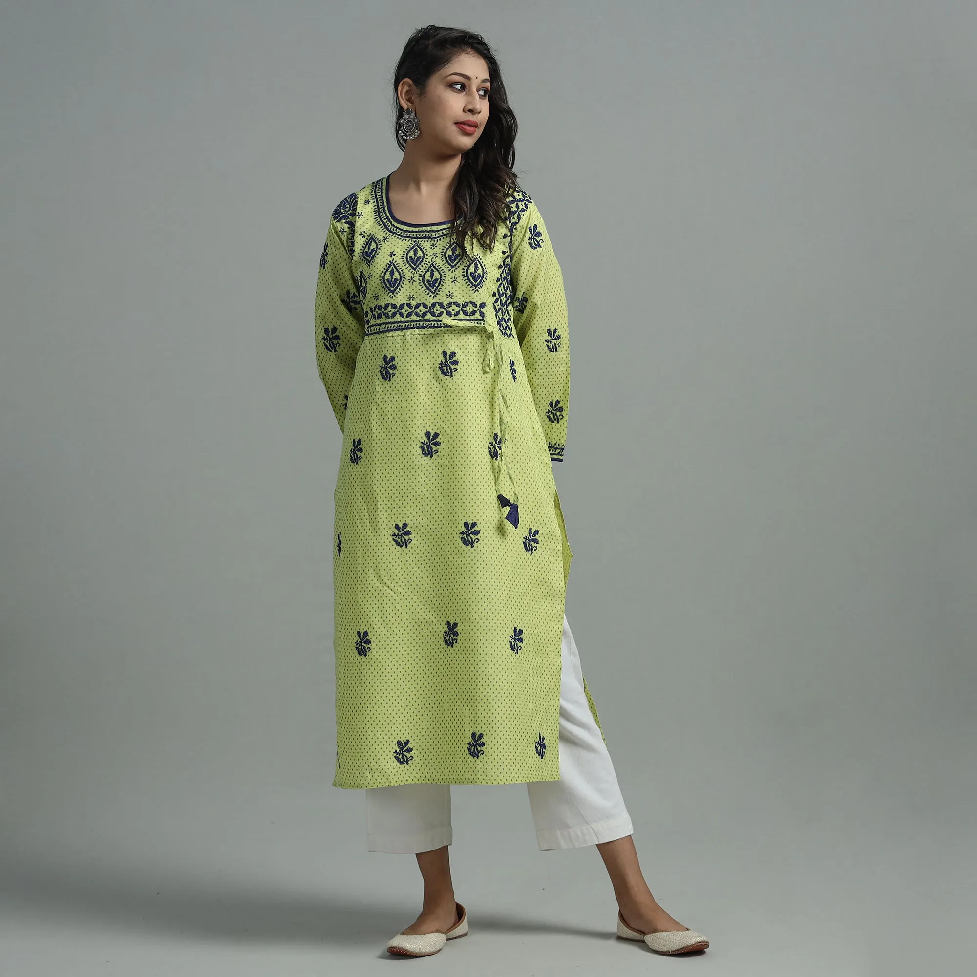 Green Chikankari Hand Embroidered Cotton Long Kurta