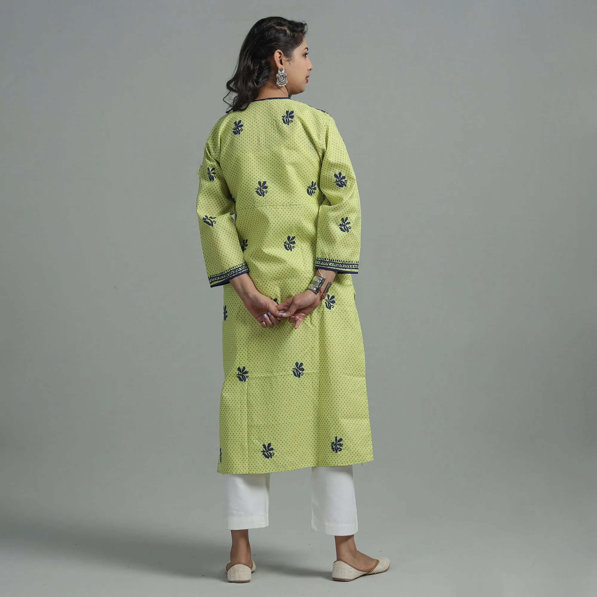 Green Chikankari Hand Embroidered Cotton Long Kurta