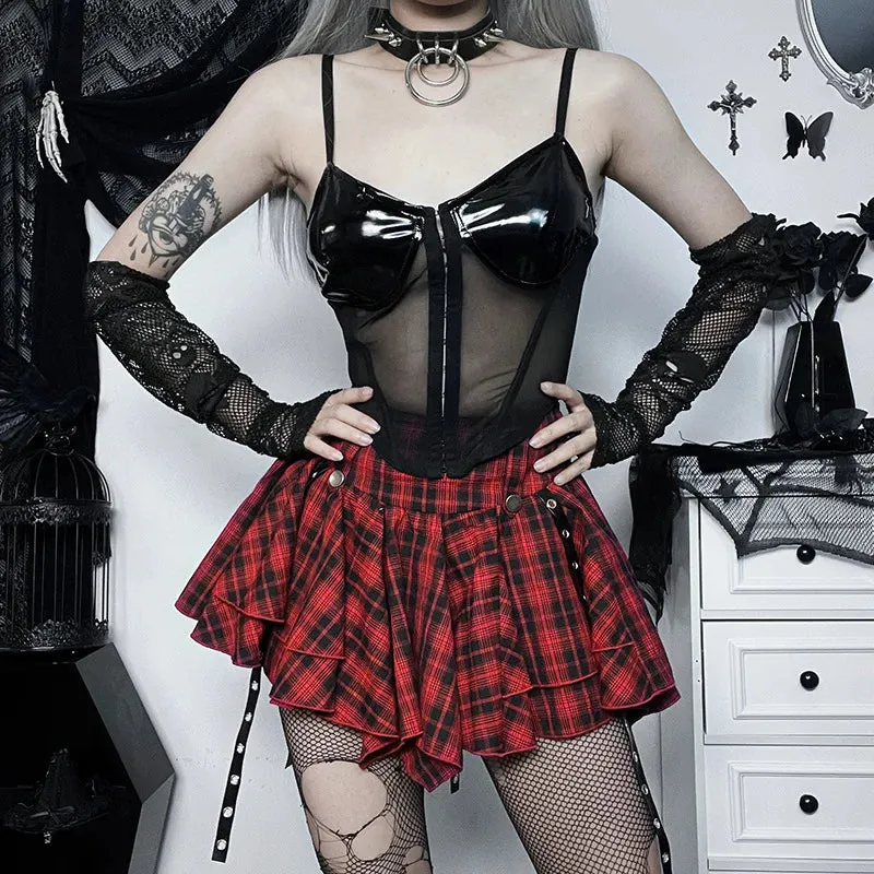 Harajuku Y2K Goth Plaid Cyberpunk High Waist Eyelet Ribbon Skirt