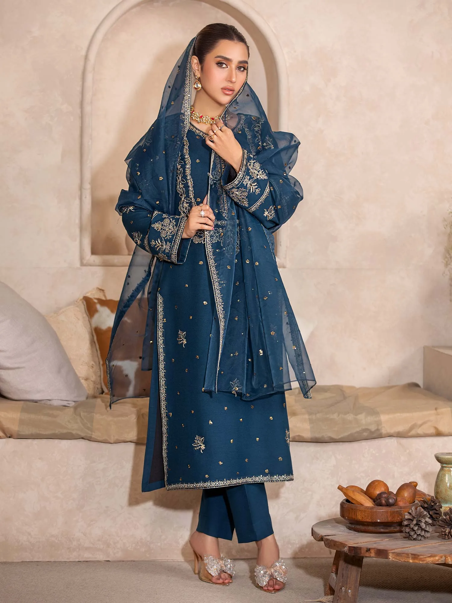 Heera's Teal Embroidered Dhanak Suit