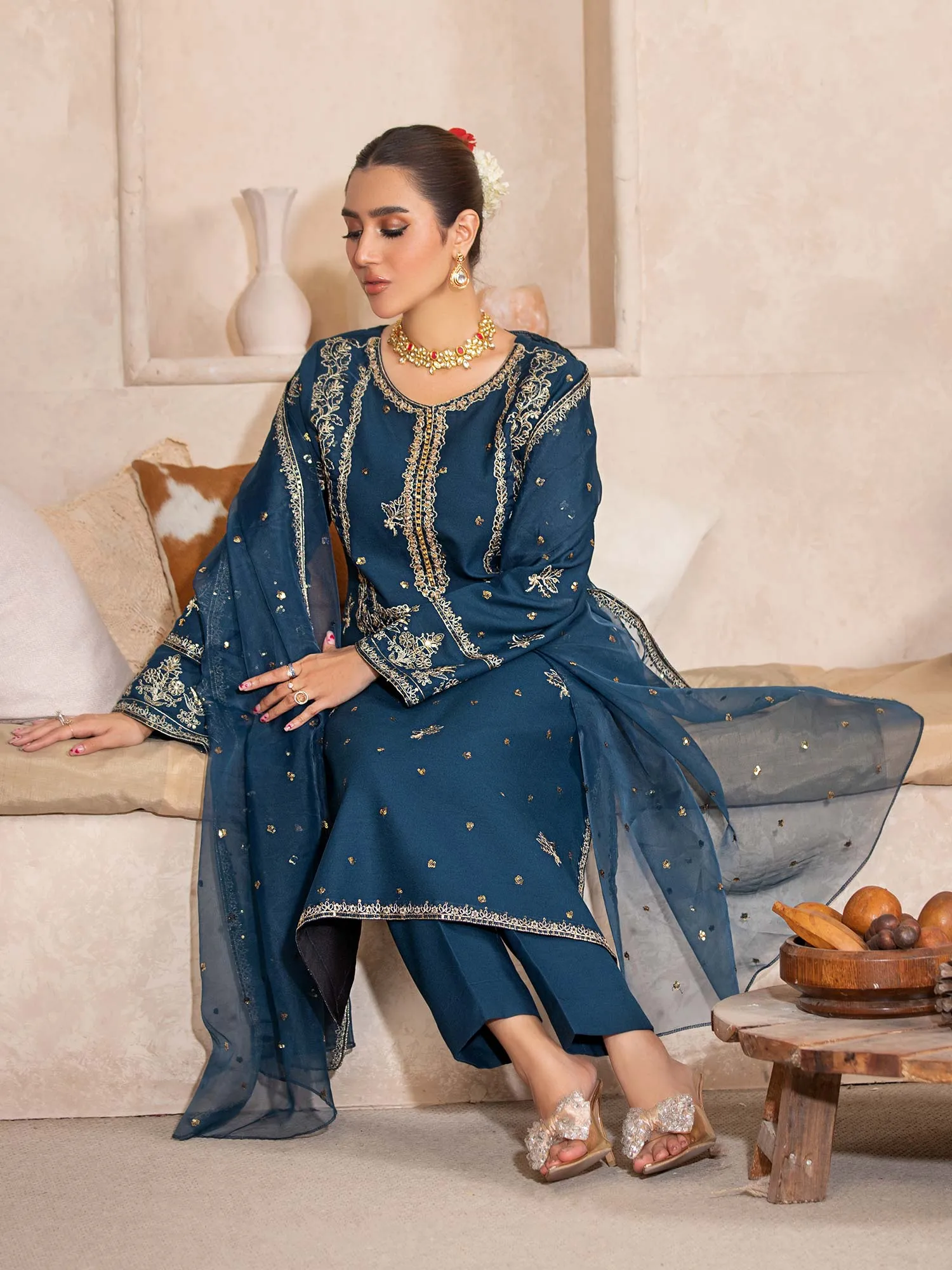 Heera's Teal Embroidered Dhanak Suit