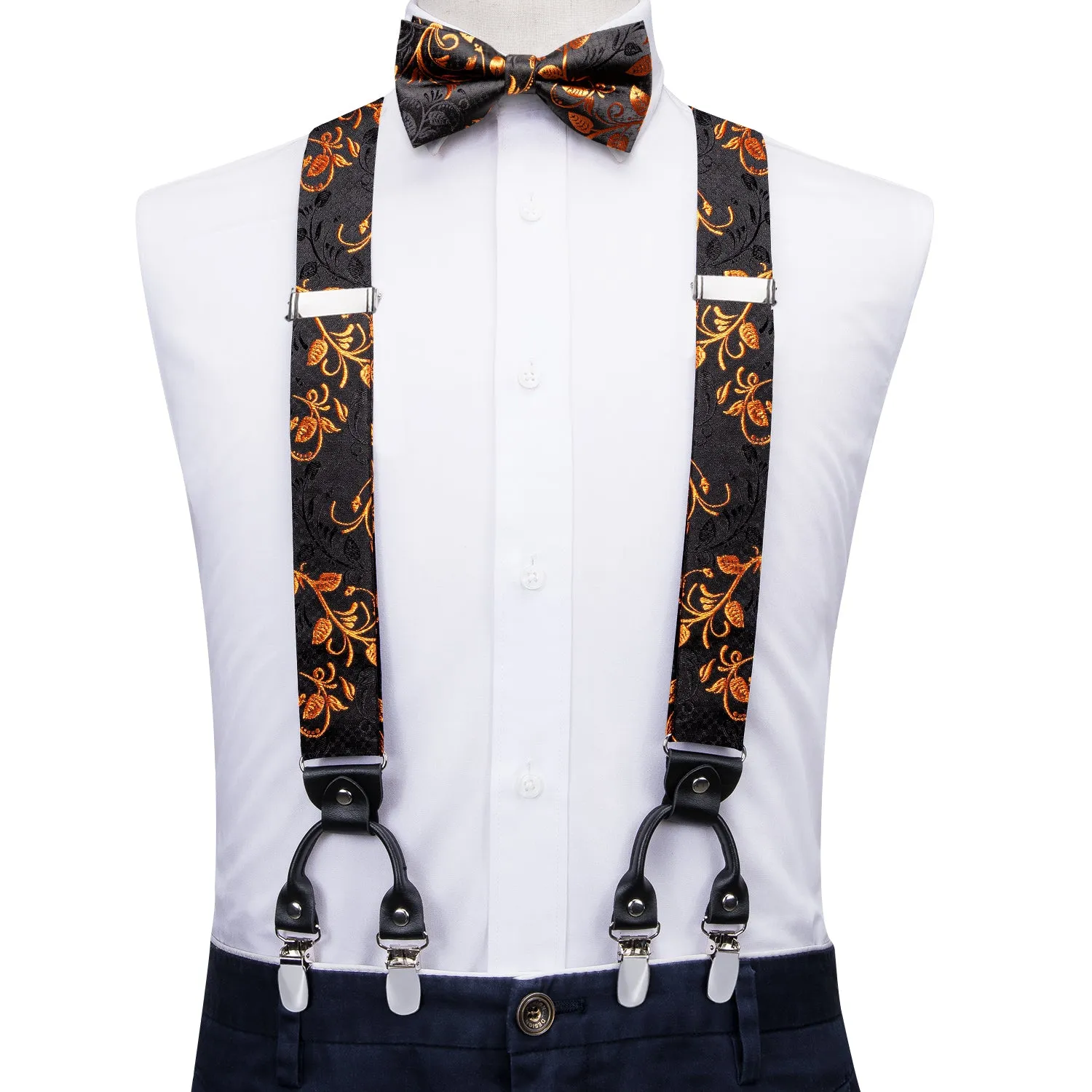 Hi-Tie Black Gold Floral Suspender Bowtie Pocket Square Cufflinks Set