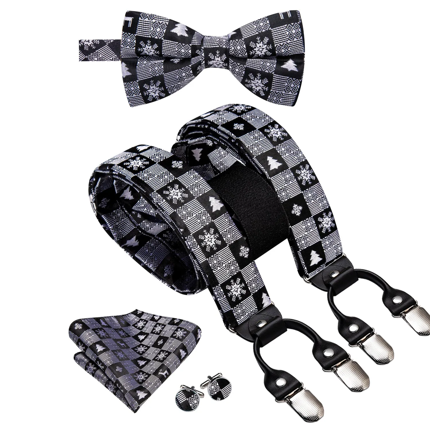 Hi-Tie Black White Novelty Suspender Bowtie Hanky Cufflinks Set Christmas