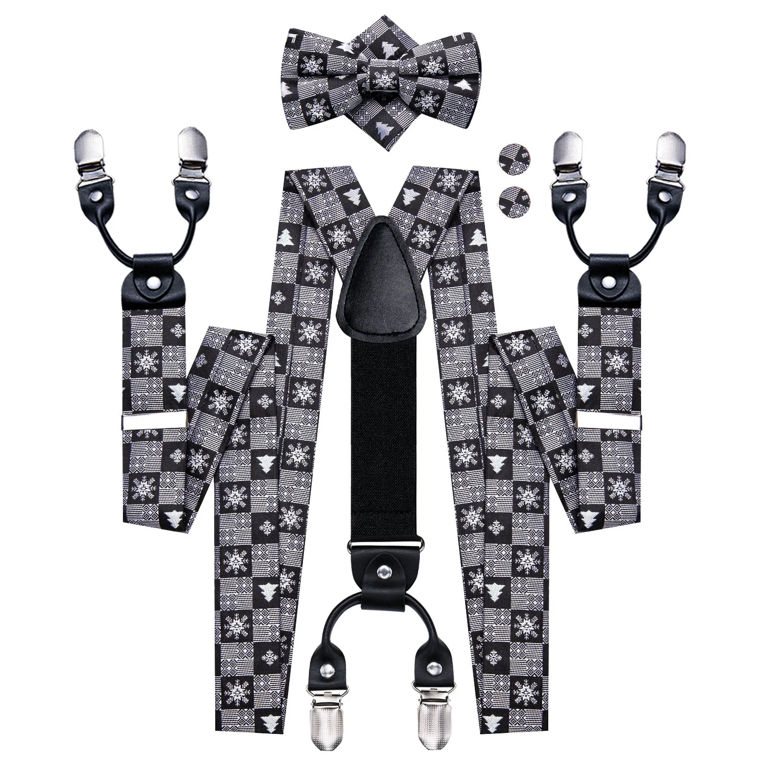 Hi-Tie Black White Novelty Suspender Bowtie Hanky Cufflinks Set Christmas