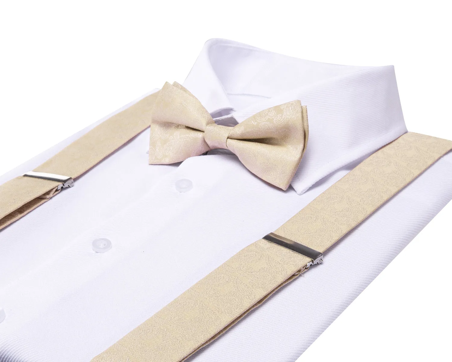 Hi-Tie Champagne Solid Men's Suspender Bowtie Hanky Cufflinks Set