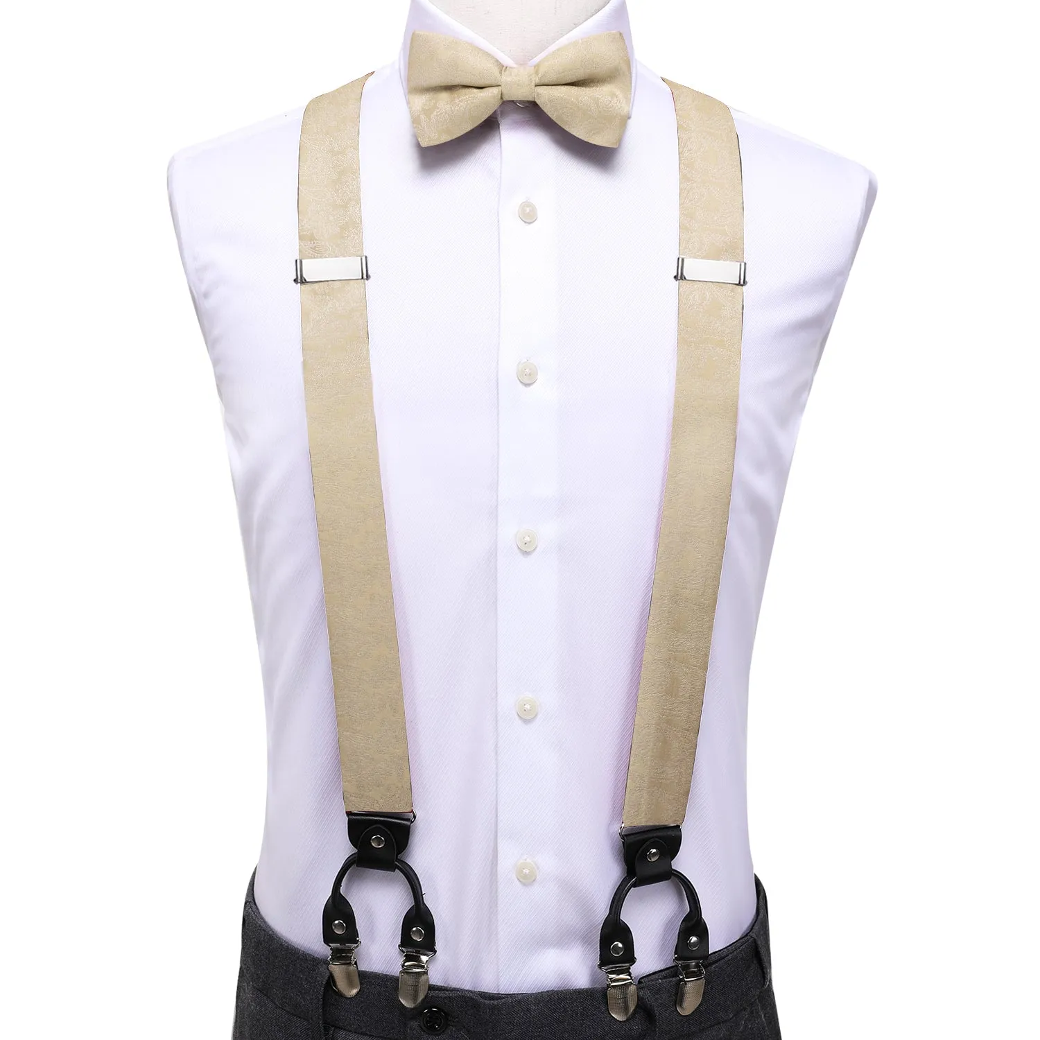 Hi-Tie Champagne Solid Men's Suspender Bowtie Hanky Cufflinks Set