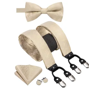 Hi-Tie Champagne Solid Men's Suspender Bowtie Hanky Cufflinks Set