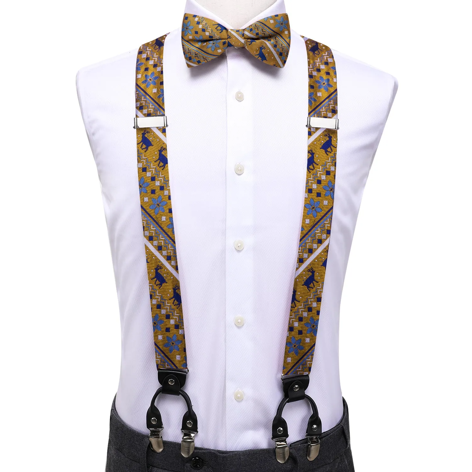 Hi-Tie Christmas Golden Blue Novelty Suspender Bowtie Hanky Cufflinks Set