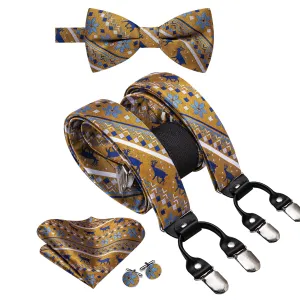 Hi-Tie Christmas Golden Blue Novelty Suspender Bowtie Hanky Cufflinks Set