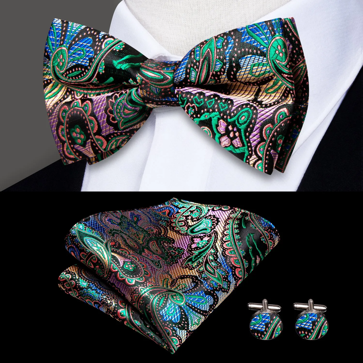 Hi-Tie Colorful Paisley Men's Suspender Bowtie Pocket Square Cufflinks Set