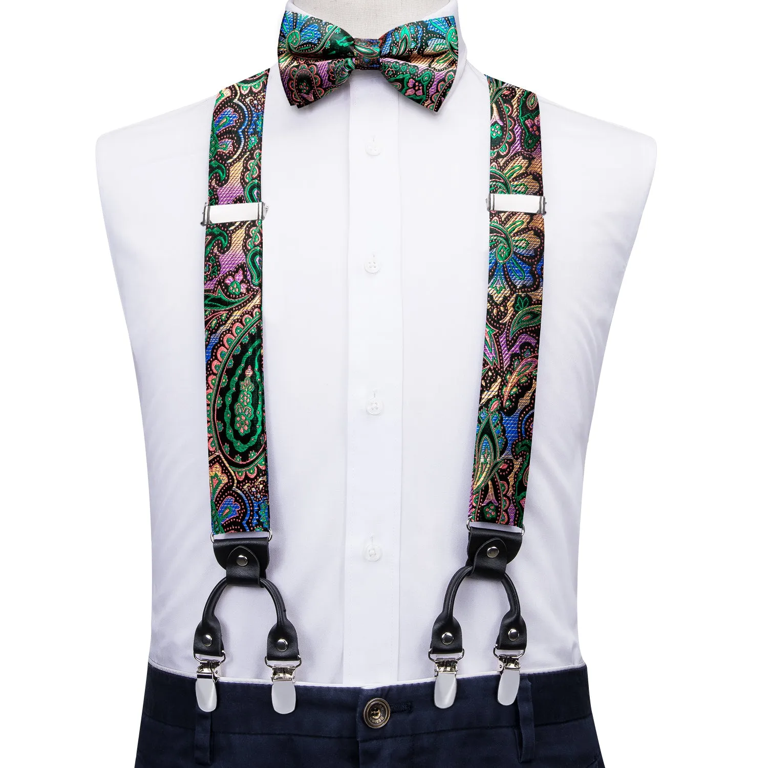 Hi-Tie Colorful Paisley Men's Suspender Bowtie Pocket Square Cufflinks Set