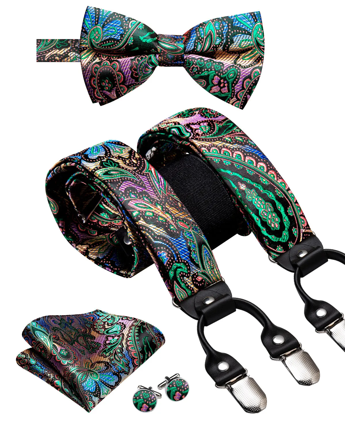 Hi-Tie Colorful Paisley Men's Suspender Bowtie Pocket Square Cufflinks Set