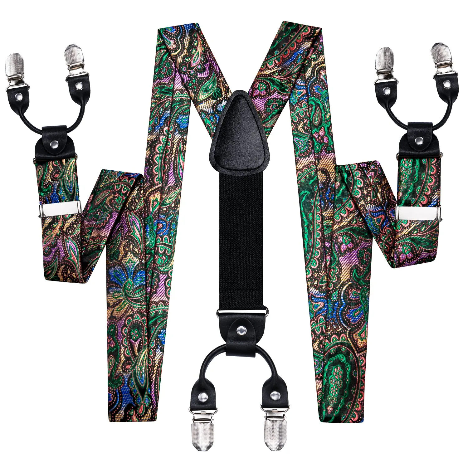 Hi-Tie Colorful Paisley Men's Suspender Bowtie Pocket Square Cufflinks Set