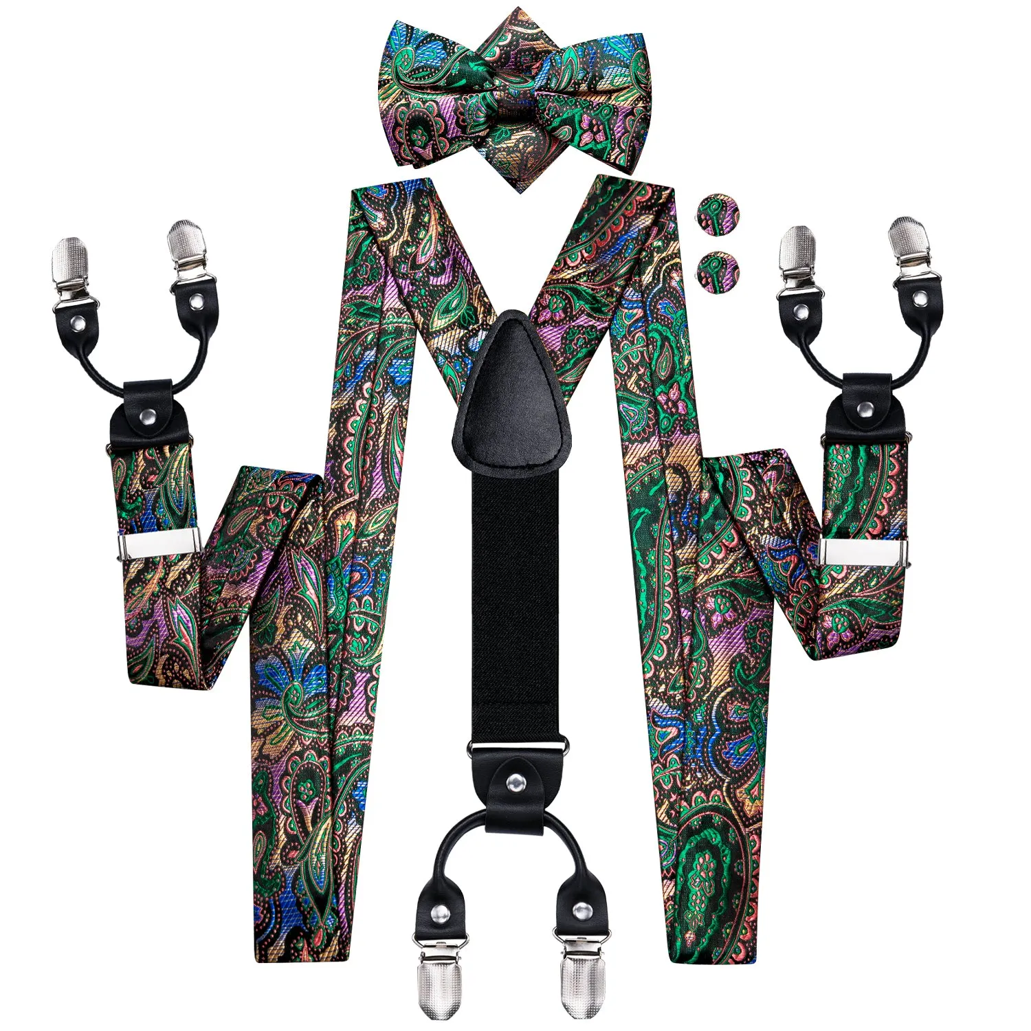 Hi-Tie Colorful Paisley Men's Suspender Bowtie Pocket Square Cufflinks Set