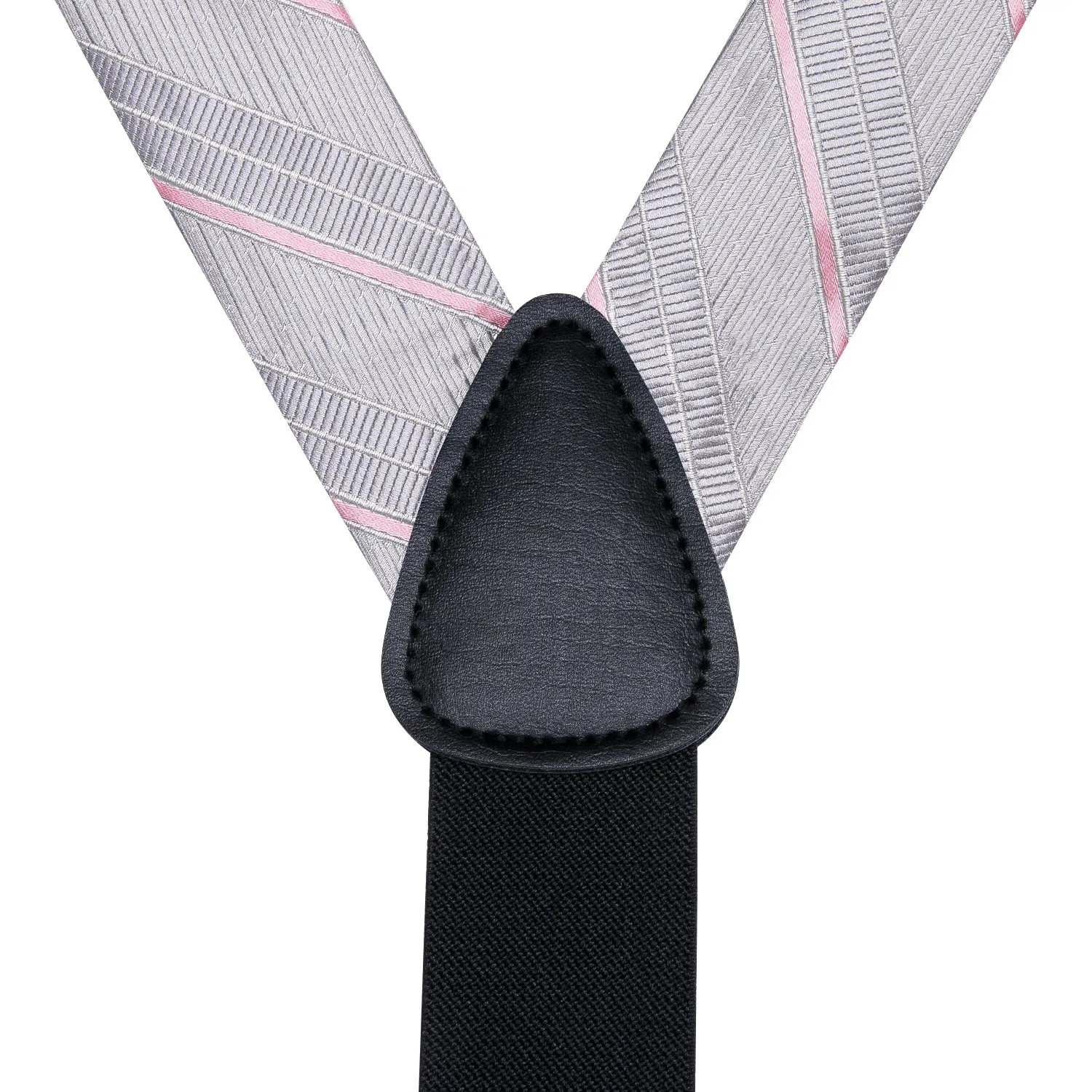 Hi-Tie Grey Pink Striped Suspender Bowtie Hanky Cufflinks Set