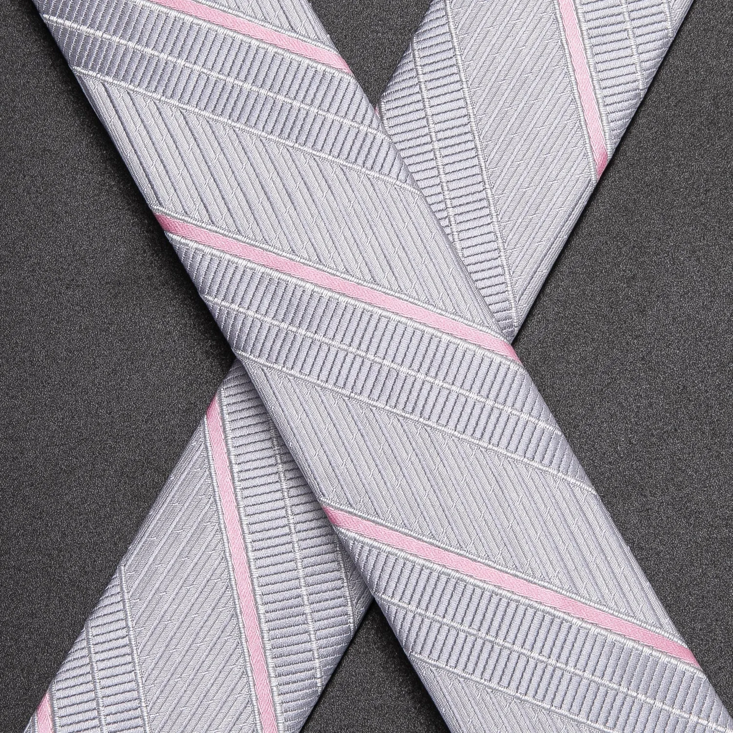 Hi-Tie Grey Pink Striped Suspender Bowtie Hanky Cufflinks Set