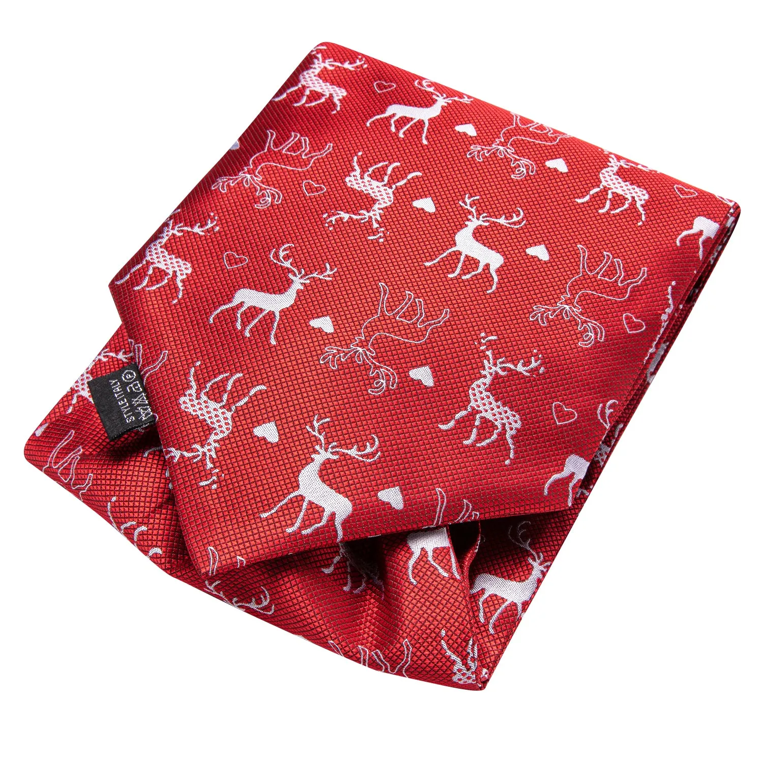 Hi-Tie Red Tie White Christmas Deer Ascot Pocket Square Cufflinks Set