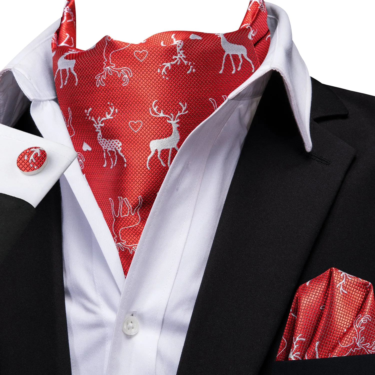 Hi-Tie Red Tie White Christmas Deer Ascot Pocket Square Cufflinks Set