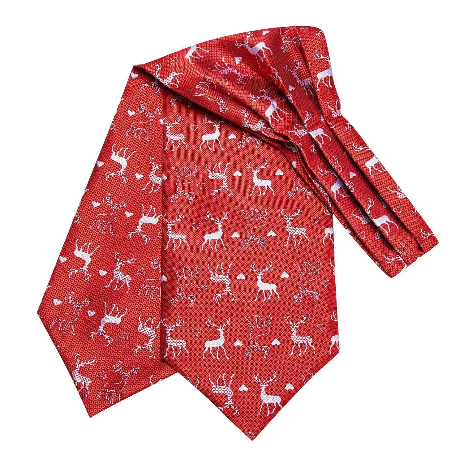 Hi-Tie Red Tie White Christmas Deer Ascot Pocket Square Cufflinks Set