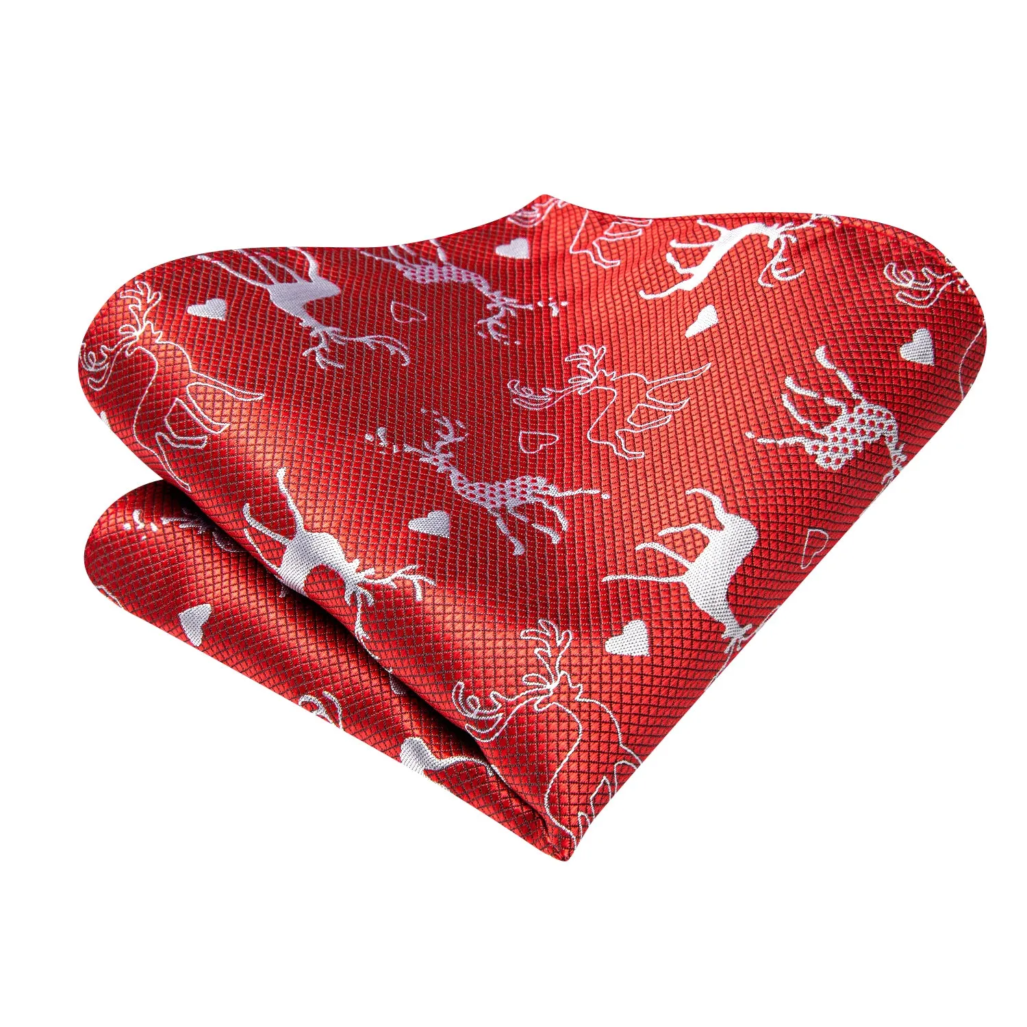 Hi-Tie Red Tie White Christmas Deer Ascot Pocket Square Cufflinks Set