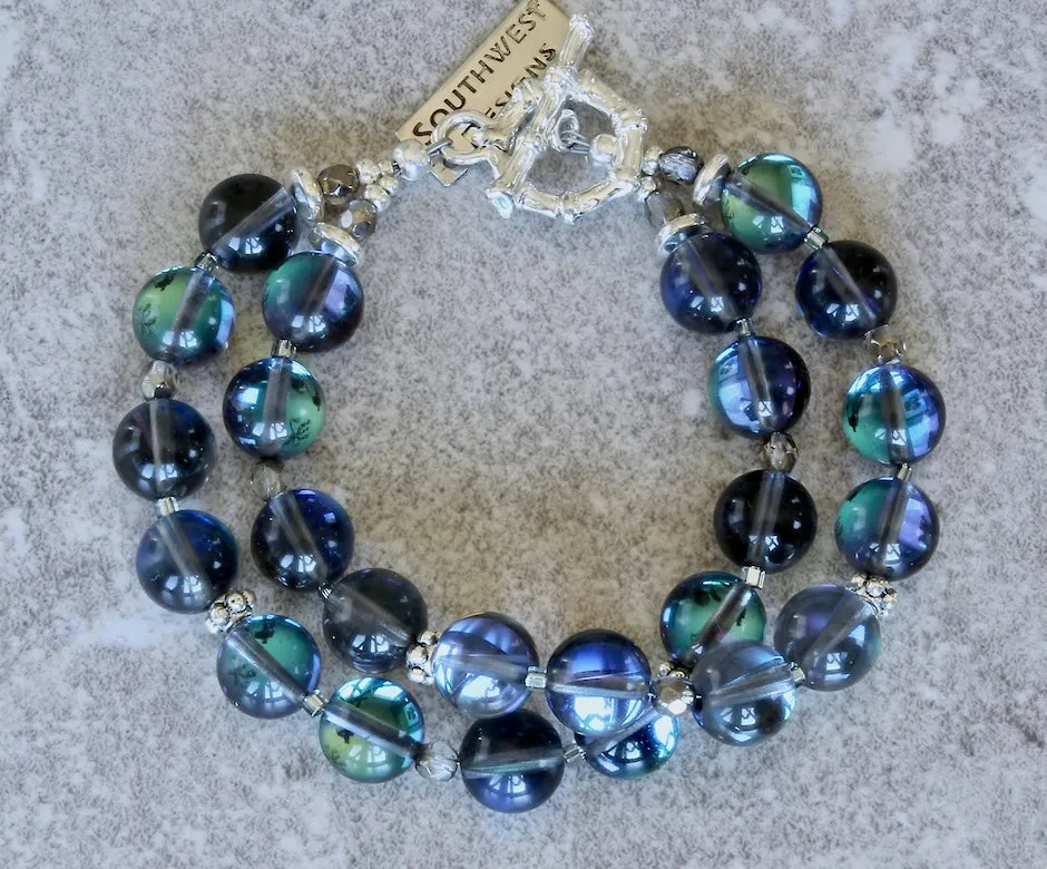 Iridescent Blue Glass Rounds 2-Strand Bracelet with Fire Polished Glass and Sterling Silver