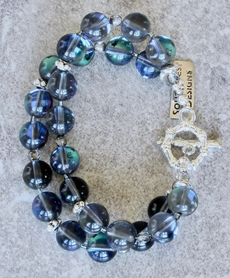 Iridescent Blue Glass Rounds 2-Strand Bracelet with Fire Polished Glass and Sterling Silver