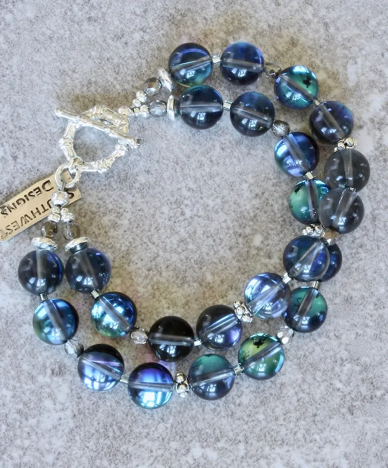 Iridescent Blue Glass Rounds 2-Strand Bracelet with Fire Polished Glass and Sterling Silver