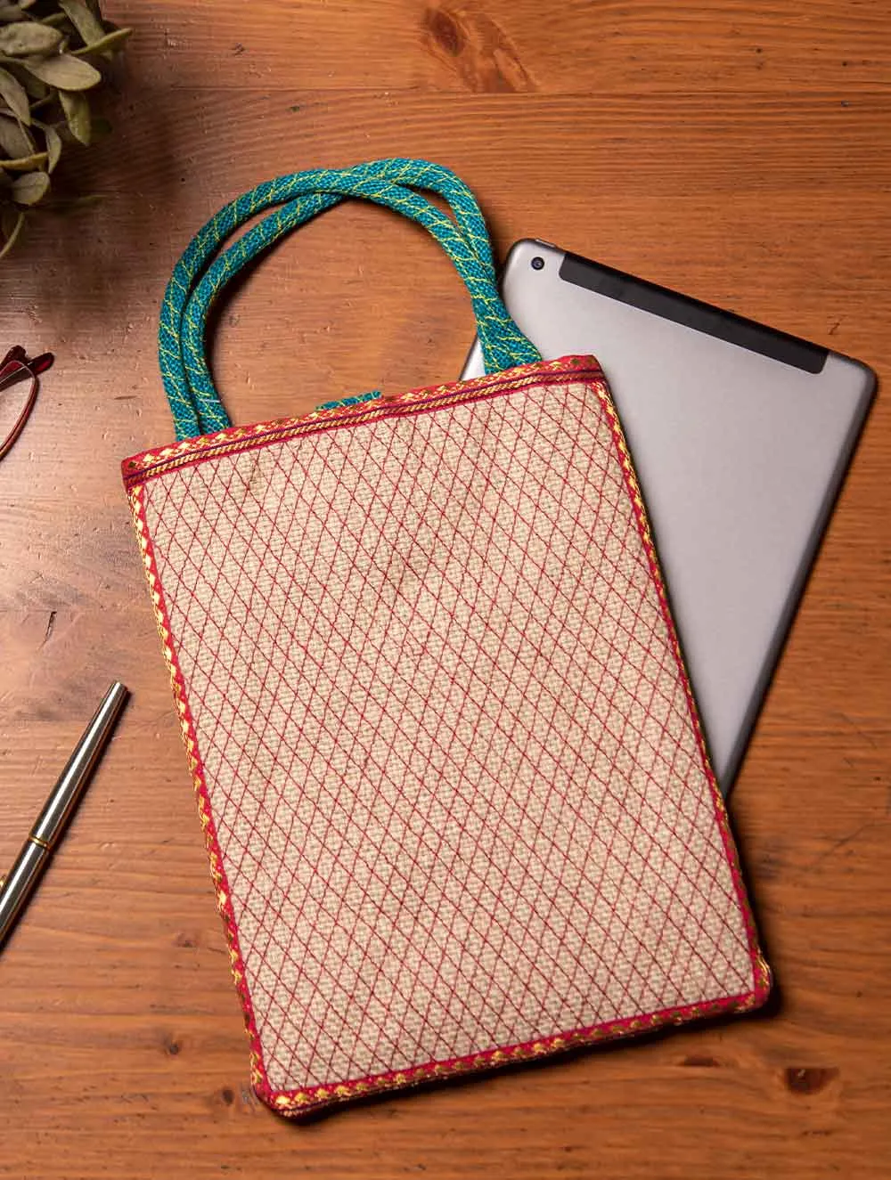 Jute & Silk Ipad Case with Zardozi / Dabka embroidery & Handles - 11 x 8.5 inches